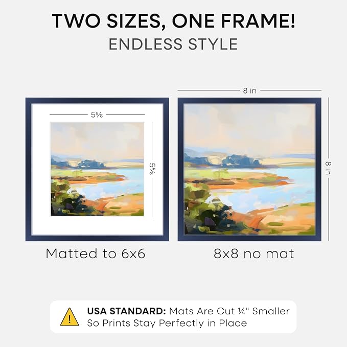 Homeforia Navy Blue Frame 8x8, High End Metal 8 x 8 Square Picture Frames with Mat 6 x 6 Art, 8x8 Photo Frame Matted to 6x6 inch Print, 8by8 Wall or Tabletop Frames, Tempered Glass, Wall Kit, Set of 2