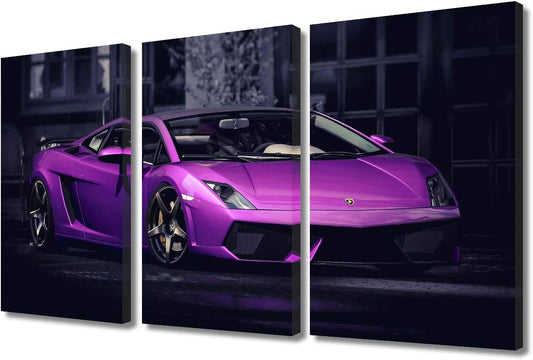 3 Panel Modern Framed Landscape Artwork Giclee Canvas Prints Pictures Paintings on Canvas Wall art for Living Room Bedroom Home Office Decorations,Purple Sports car Poster - 12 x 24 inch x 3 Pieces