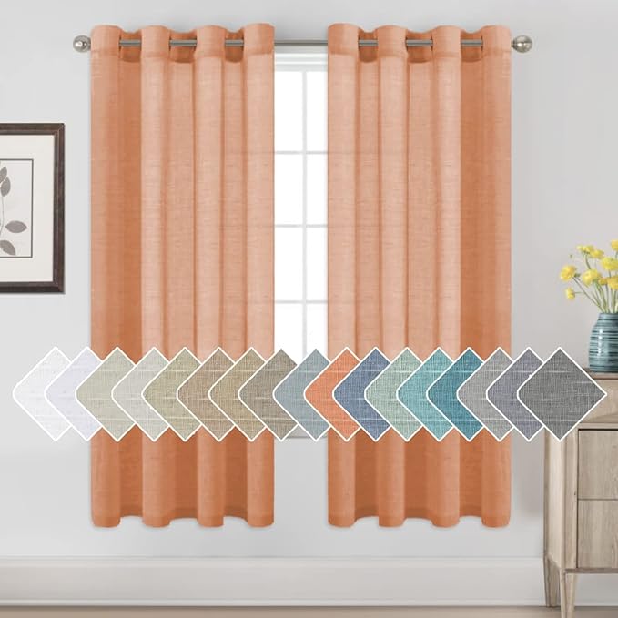 H.VERSAILTEX Linen Curtains Natural Linen Blended Curtain Panels for Living Room/Light Reducing Linen Semi Sheer Curtains 2 Panels Set Nickel Grommet Window Panels (52x72 Inch, Orange)