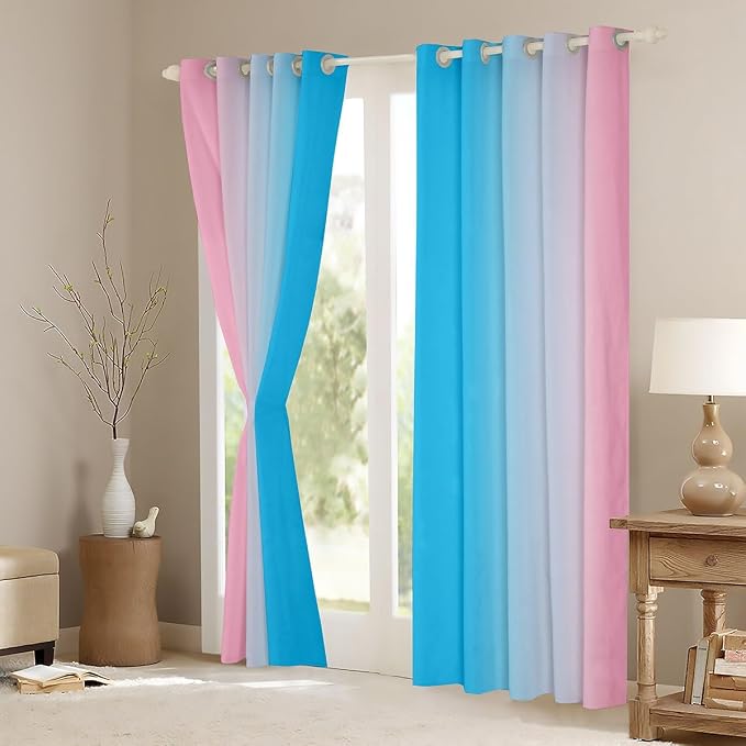 jejeloiu Blue Curtains for Bedroom Living Room for Kids Ombre Pink Blackout Curtains (2 Panels, 52 x 90 Inch) Gradient Style Darkening Drapes Decor Abstract Art Window Treatments