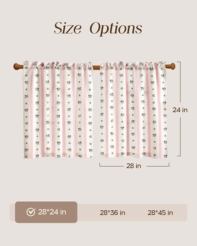 Miss Adola Farmhouse Kitchen Tier Curtains - 24 Inch Length Linen Blend Boho Floral Cafe Curtains Stripe Small Window Treatments Over Sink Rod Pocket for Bathroom Living Room Light Filtering, 2 Panels