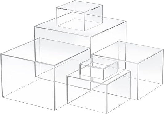 Geelin 6 Pack Acrylic Risers for Display Acrylic Cube Boxes Risers Display Stands with Hollow Bottoms Decorative Stand for Jewelry Candy Table Decor 6 Sizes(Clear,3 to 8 Inch,Square)