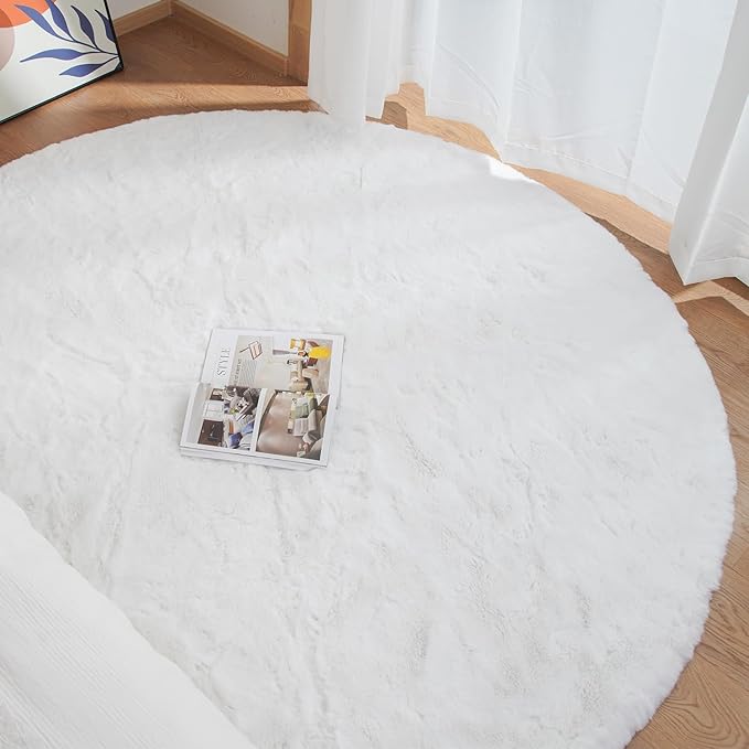 ORINOVA White Faux Fur Round Rug 4ft Fluffy Rabbit Fur Rug Machine Washable Circle Area Rugs for Living Room Bedroom Home Teen Room Nursery Décor