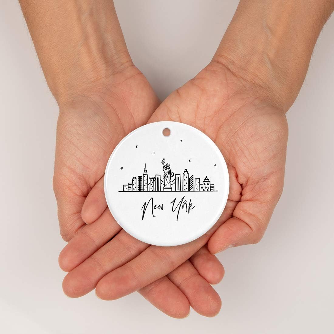 Andaz Press Round Ceramic Porcelain Christmas Tree Ornament, New York, Black And White Stars City Skyline 1-Pack Birthday Ideas Family Coworker, NYC Christmas Ornament New York City Christmas Ornament
