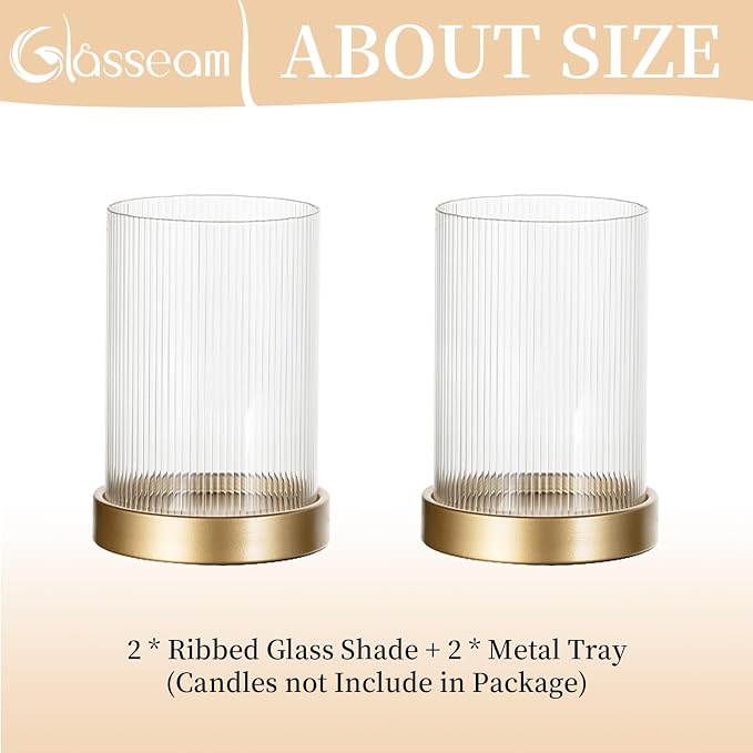 Glasseam Hurricane Glass Candle Holder: Gold Pillar Candle Holders Set of 2 Ribbed Glass Cylinder Covers with Metal Candle Tray Modern Candle Holders for Table Centerpiece Living Room Decorations