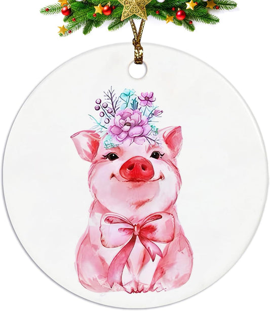 Pink Pig Ornament, Pig Gifts for Pig Lovers Women, Pink Coquette Bow Floral Pig Ceramic Ornaments, Pig Decorative Hanging Ornament