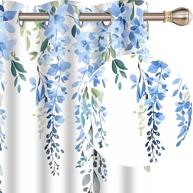 Blue Watercolor Floral Curtains, 52x63 inch, 2 Panels | Botanical Leaves Vine Flowers, Rustic Farmhouse Style, Blackout Window Treatment, For Bedroom Living Room