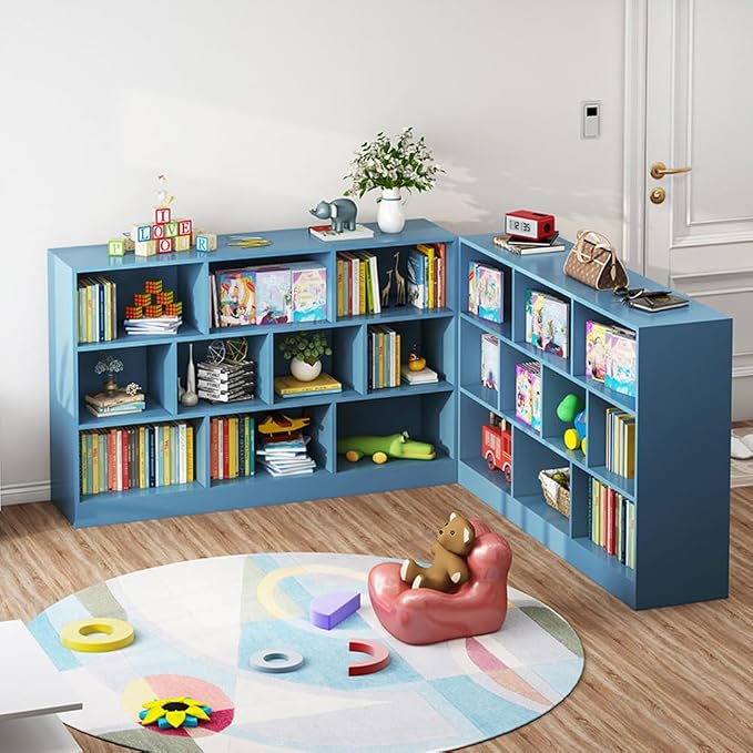 IOTXY Open Shelf Low Bookcase - Wooden 3-Tier Cube Bookshelf, Bright Blue | MDF Material, Stable Raised Base, 10 Storage Cubby Display, Horizontal Short Shelf Unit, Scandinavian Minimalist Organizer