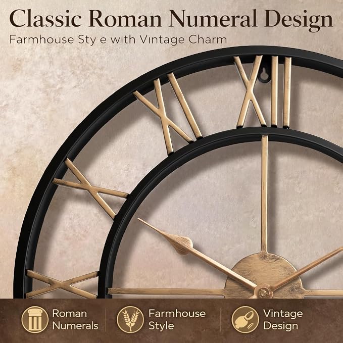 Pytha Sight 24 Inch Large Oversized Farmhouse Modern Decorative Wall Clock for Living Room,Industrial Big Vintage Gold Roman Numerals Metal Round Wall Clocks for Kitchen,Dining Room,Office