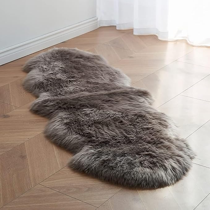 HUAHOO Premium Genuine Sheepskin Rug Camel Real Australia Sheepskin Natural Lambskin Fur Area Rug Seat Covers for Kids Bedroom Sofa Chair Cover Pets Dogs Mat Double Pelt/2' x 6' Mushroom