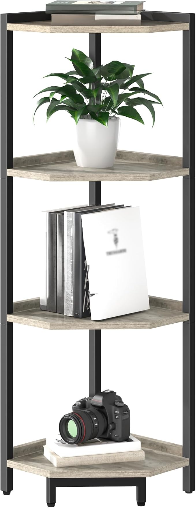 Hzuaneri Corner Shelf Stand, Corner Bookshelf, Storage Standing Shelf Unit with Metal Frame, Plant Stand, Bookcase for Living Room, Home Office, Bedroom, 4-Tier Greige CS05805B