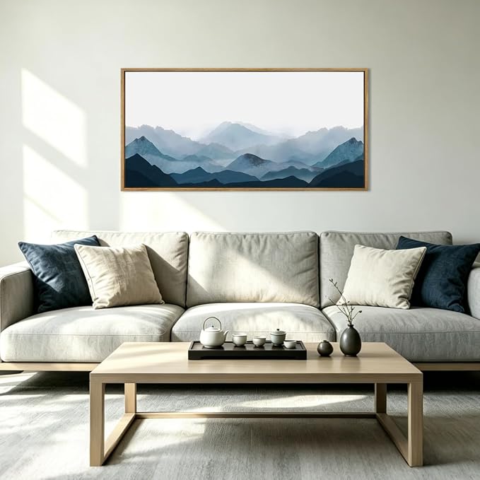 Blue Framed Mountain Landscape Wall Art Fog Mountain Painting Wall Decor Minimalist Blue Artwork Blue Mountains Wall Paintings Simple Landscape Wall Pictures for Bedroom Living Room Office Home Decor 20x40 Inch