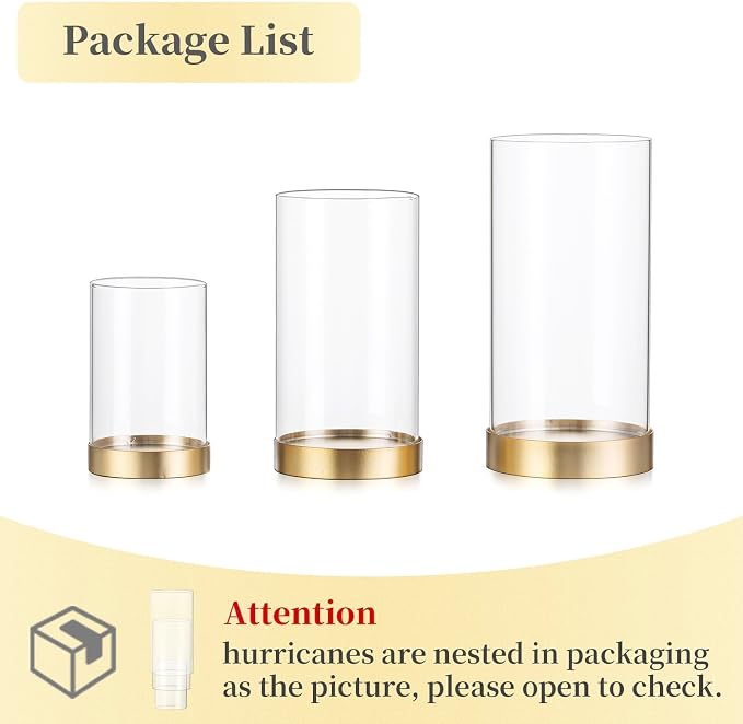 Hewory Hurricane Candle Holder for Pillar Candles: Gold Votive Candle Holders Set of 3, Glass Hurricane with Metal Candle Plate, Pillar Candle Holder for Table Centerpiece Wedding Holiday Home Decor