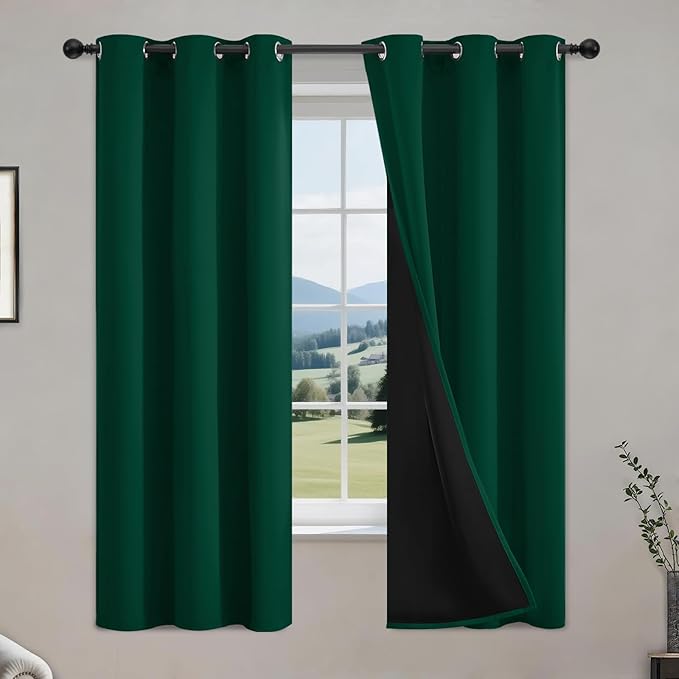 COSVIYA 100% Green Blackout Curtains for Bedroom Kids Room 63 Inches Length 2 Panels Set, Full Light Blocking Thermal Insulated Grommet Nursery Window Treatment Drapes with Black Liner,W40 x L63