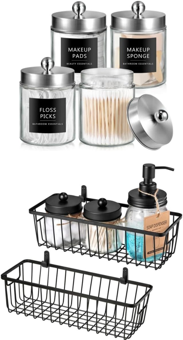 SheeChung Qtip Dispenser Holder 4pcs, Glass Apothecary Jars with Stainless Steel Lids &Stickers Farmhouse Decor Metal Wire Bathroom Storage Organizer Basket Bins - for Cabinets, Shelves