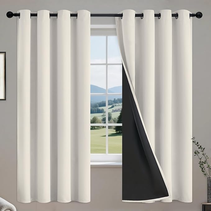 COSVIYA 100% Cream Blackout Curtains for Bedroom Living Room 54 Inches Length 2 Panels Set, Full Light Blocking Thermal Insulated Grommet Nursery Window Treatment Drapes with Black Liner,W52 x L54