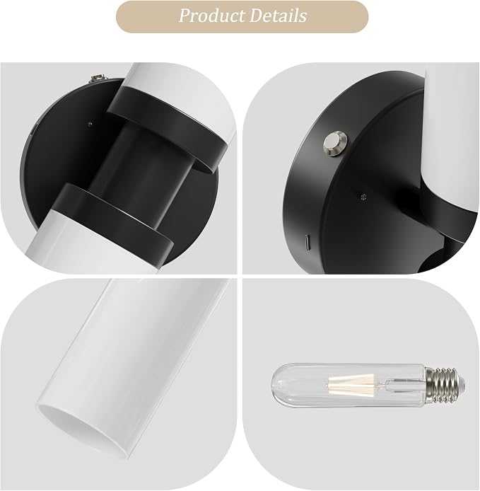 Rayogale Black Wireless Battery Operated Wall Sconce with Remote Control | Dimmable Rechargeable Wall Lights Set of 2, Timer, No Hardwire, Touch, 8000mAh, 3000K, White Glass, Emergency, 16.5 Inch