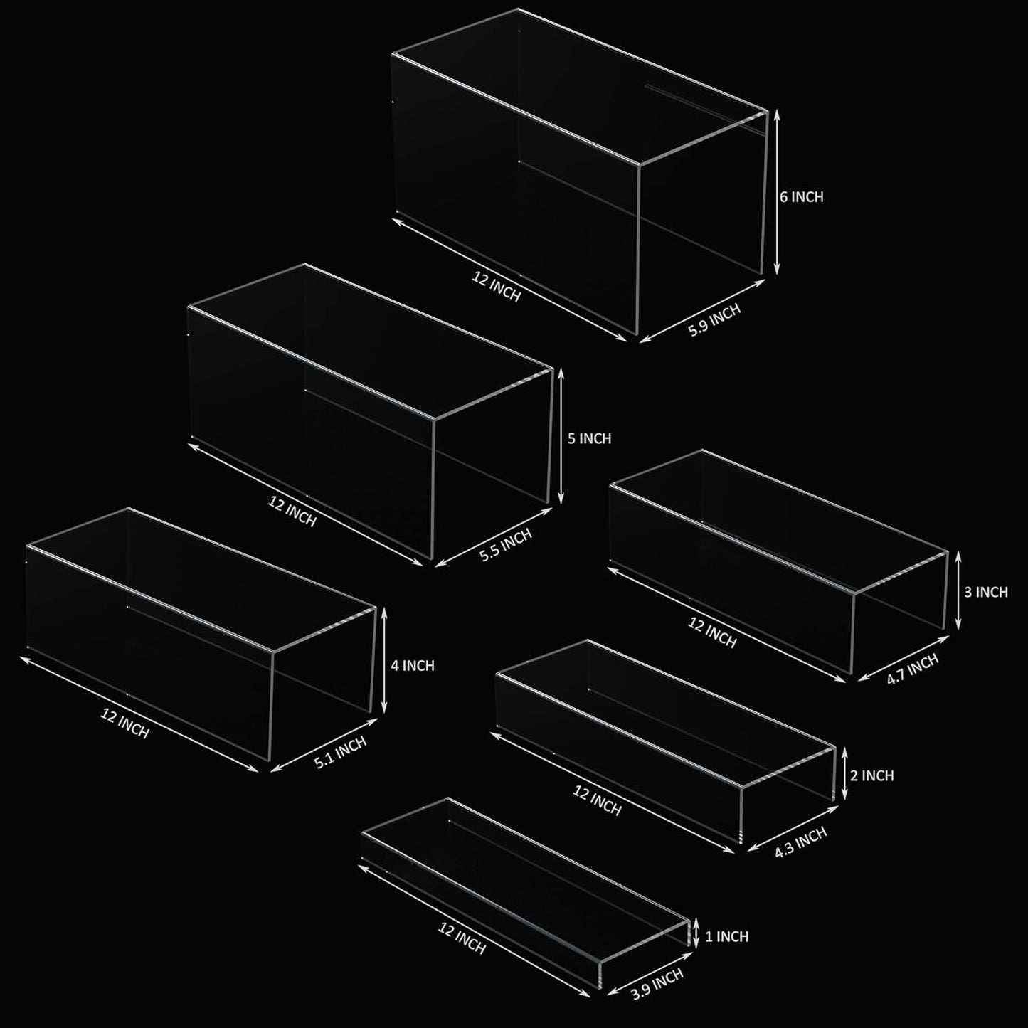 Rectangular Acrylic Display Risers 6pcs, Clear Display Storage Stands, Acrylic Display for Funko Pop Figure, Desserts, Cupcake, Toys, Collectibles, Merchandises- 12-1'', 2'', 3'', 4'', 5'', 6''