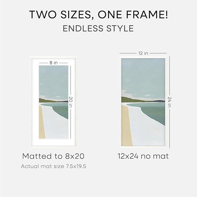 Homeforia 12x24 White Picture Frame, High End Oak 12x24 Wood Poster Frames with Mat 8x20 Photo, 12 x 24 White Wooden Frames Matted to 8 by 20, 24x12 Panoramic Frame, Tempered Glass, Wall Kit, Set of 1