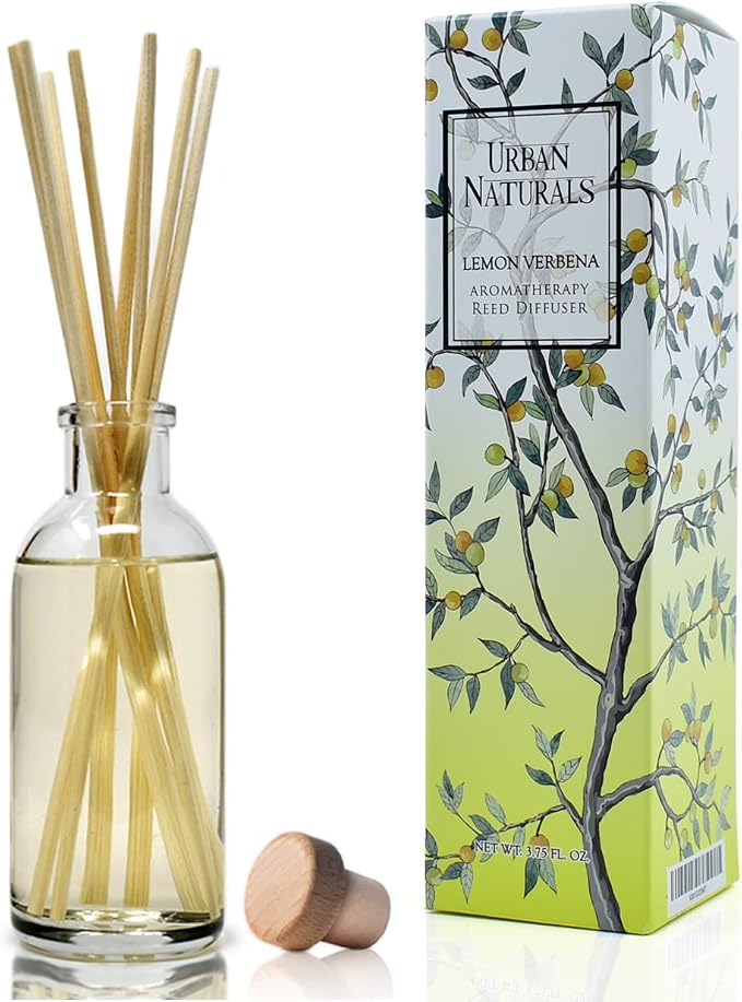 Urban Naturals Reed Diffuser Set, Lemon Verbena - Bathroom Shelf Décor | Reed Sticks, Tart, Citrus with fruity notes of Bergamot & Greens, A Cheerful Gift Idea, Made in the USA