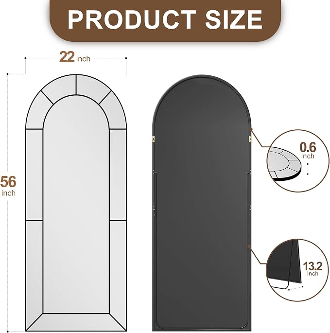 Wall Mirror,Full Length Floor, Window Pane Mirror for Living Room Decor, Decorative Wall Art, Large Wall for Bedroom, Hallway, Living Room Arch-56"X22"