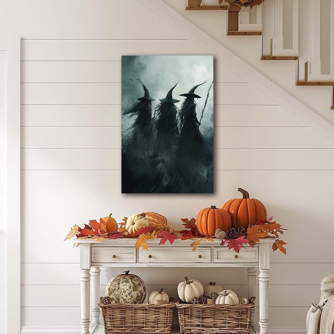 Gothic Witchs Horror Halloween Wall Art,Three Witches in Moody Forest Painting Wall Decor,Autumn Spooky Witches Forest Canvas Printing For Gallery Living Room Bedroom,16"x24" Unframed