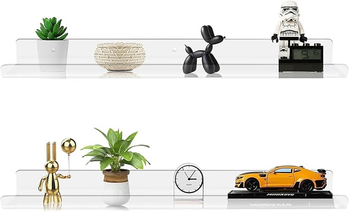 ROYALITA 24 Inches Acrylic Floating Book Shelves Wall Mounted Set of 2, Wall Hanging Plant Display Shelves, Room Decor Floating Wall Shelves for Gaming Room, Bedroom, Living Room, Office, Clear