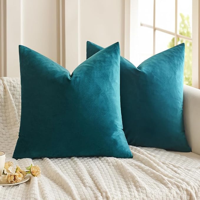 MIULEE 28x28 Inch Euro Sham Velvet Pillow Covers, Set of 2 Large Square Decorative Pillows -Teal Super Soft for King Bed, Sofa, Couch, Accent Chairs with Hidden Zipper