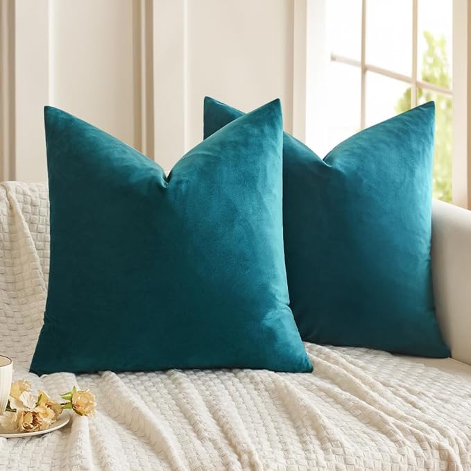 MIULEE 24x24 Inch Euro Sham Velvet Pillow Covers, Set of 2 Large Square Decorative Pillows -Teal Super Soft for King Bed, Sofa, Couch, Accent Chairs with Hidden Zipper