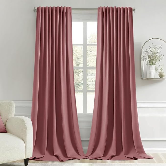 MIULEE Dusty Rose Back Tab Blackout Curtains 108 Inch Long 2 Panels Set for Bedroom, Rod Pocket/Pinch Pleat Extra Long Thermal Insulated Living Room Darkening Pleated Light Blocking Drapes