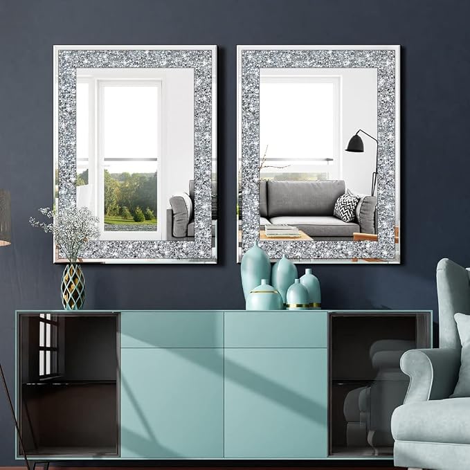 QMDECOR Crystal Crush Diamond Rectangle Silver Mirror for Wall Decoration 24x32inch Wall Hang Frameless Mirror Acrylic Diamond Decor.