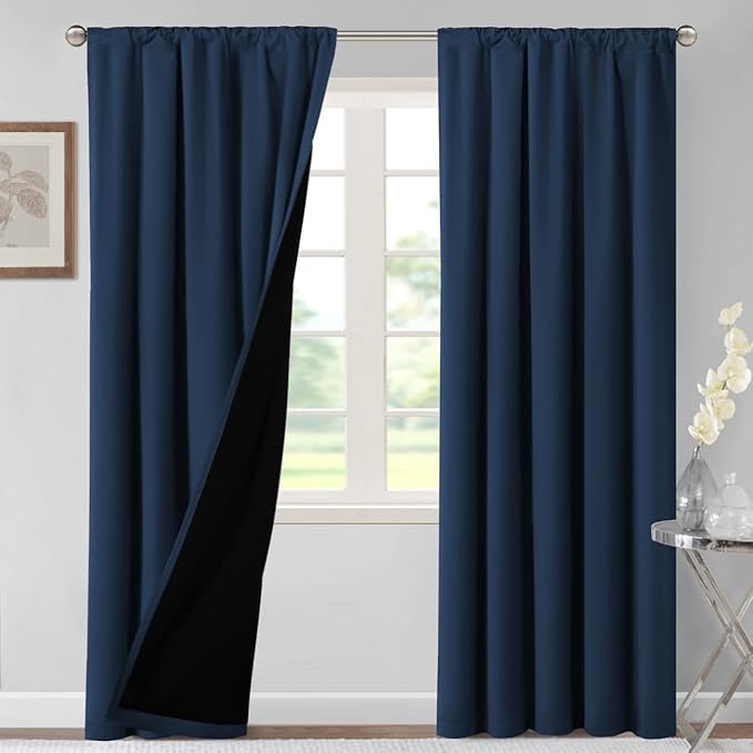 H.VERSAILTEX 100% Blackout Curtains for Bedroom Thermal Insulated Blackout Curtains 96 Inches Long Rod Pocket/Clip Rings Curtains for Living Room with Black Liner 2 Panels, Navy