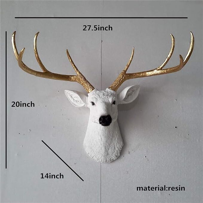YJ Home Larger Faux Deer Head - Rustic Wall Decor Deer Antlers,Faux Taxidermy Animal Head Wall Decor - Handmade Farmhouse Decor (White haed gold antlers, 27.5''Wx20''H)