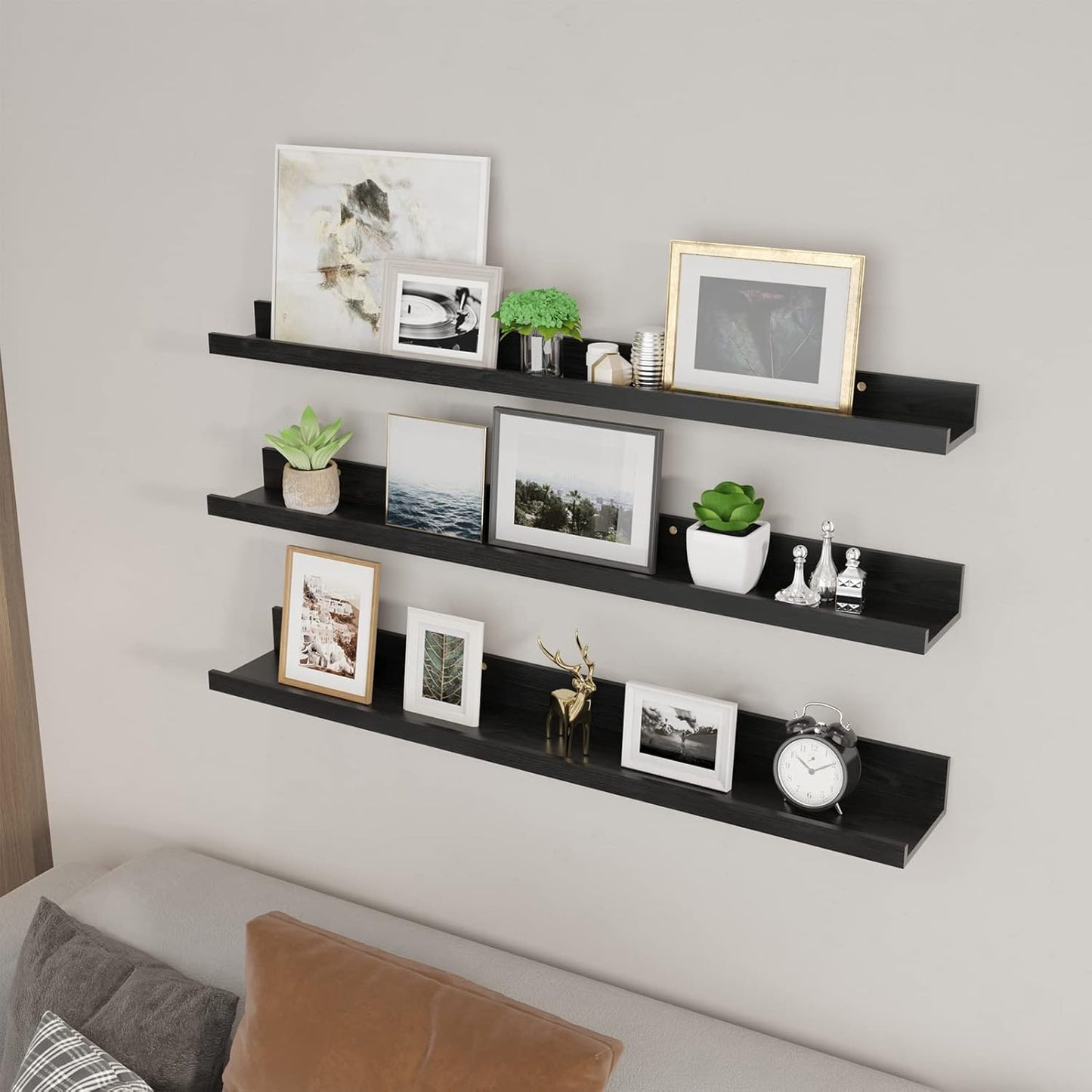 Giftgarden 36 Inch Black Floating Shelves for Wall Woodgrain Picture Ledge Large Photo Shelf for Bedroom Living Room Kitchen Bathroom Storage Shelving, Set of 3 Different Sizes