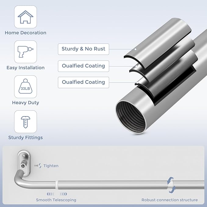 Wrap Around Curtain Rods Silver, Blackout Heavy Duty Curtain Pole for Windows 66 to 120 Inch, 1" Decorative Room Darkening Curved Modern Drapery Rod (Silver/Unique Design/All Metal)
