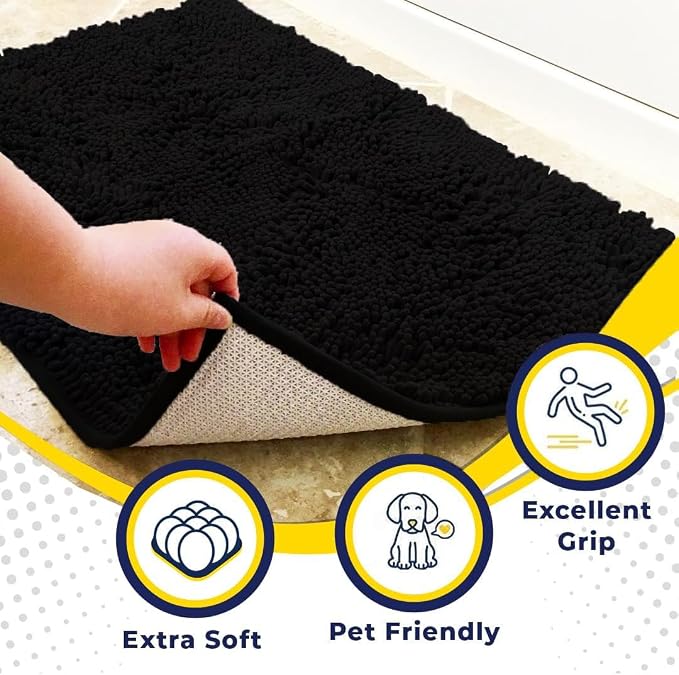 Muddy Mat® | Super Water Absorbent Door Mat Indoor, Microfiber Quick Dry Chenille Entryway Rug, Slip Resistant Front Door Mat, Indoor Mats for Entryway, Machine Washable Pet Rug, Black XXL 60"X48"