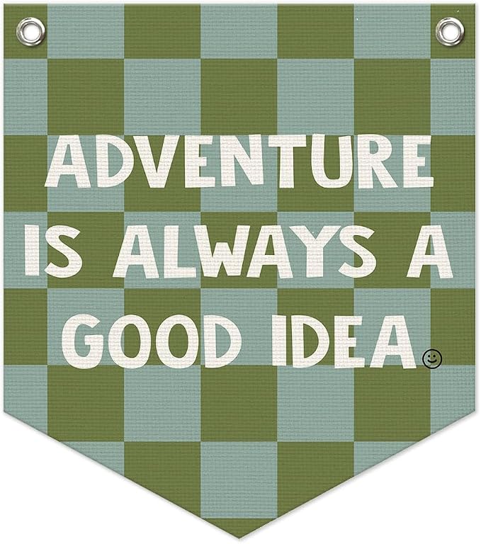 Boys Room Decor – Adventure Linen Pennant, Sage Green Canvas Triangle Flag, Wall Hanging Banner for Toddler Boy Nursery & Playroom, 14.5x12.6 in