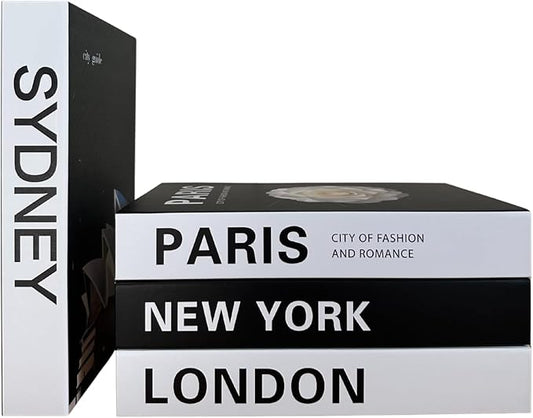 PROBENEX 4 Pcs Decorative Books | Faux Travel Coffee Table & Shelf Decor | Worldly Eclectic Look for Living Room, Office and Entryway - Not Real, Tool-Free 2-Min Setup
