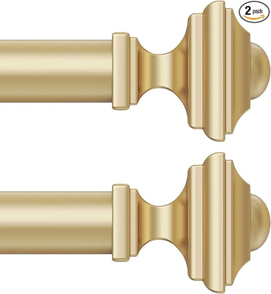 2 Pack Gold Curtain Rod for Windows 18-45 Inches, 1 Inch Heavy Duty Adjustable Drapery Pole, Modern Window Treatment Rod with Decorative Square Finials, Easy Installation