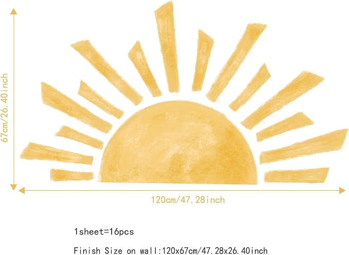 Large Boho Half Sunrise Wall Decals Peel and Stick, Watercolor Sun Decal Sunrise Wall Murals Stickers, Sunshine Wall Stickers for Kids Room Playroom Nursery Bedroom, 47.28" x 26.40"