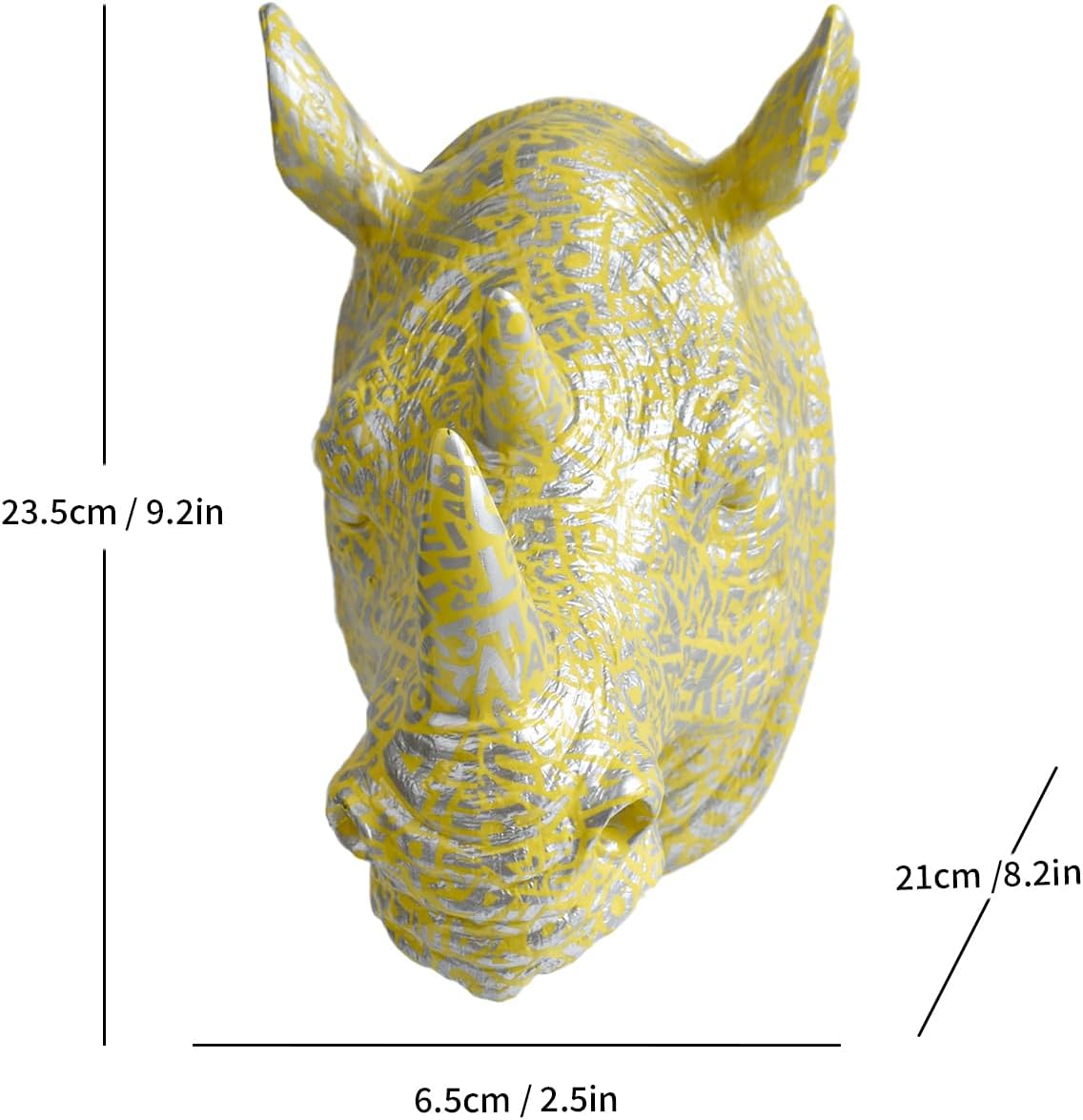 Rhino Head Wall Mount Resin Safari Animal Sculpture, Modern Faux Decor for Living Room Bedroom Office Realistic Wildlife Art Bust Yellow