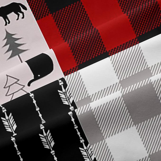 Buffalo Plaid Curtains For Boys Girls, Woodland Moose Window Curtains Vintage Deer Bear Curtains & Drapes 52"Wx63"L, Buffalo Plaid Farm Animal Blackout Curtains Rustic Patchwork Curtains, Red Black