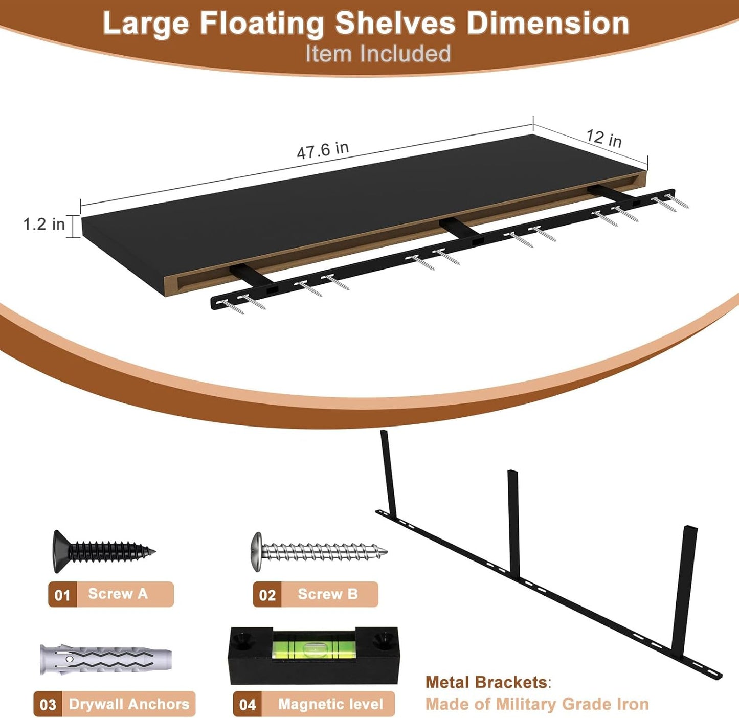 48 Inch Floating Shelf 1 Pack Large Floating Shelves for Wall No Drilling Accessories Included Deep Wall Shelves for Living Room Kitchen Farmhouse 48" W x 12" D x 1.2" Black