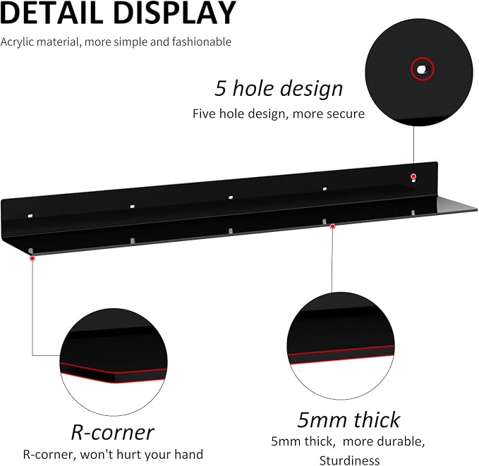 Sezanrpt 36 Inches Acrylic Wall Shelves 2 Pack, Floating Shelf for Wall Mounting, Acrylic Display Ledges for Funko Pop Figures, Home Décor, Living Room, Gaming Room, Plants(36 inch, Black)