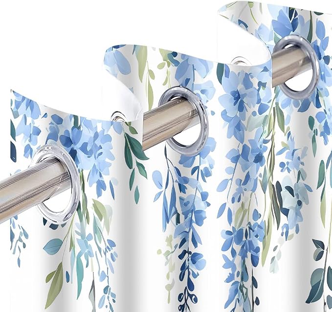 Blue Watercolor Floral Curtains, 42x84 inch, 2 Panels | Botanical Leaves Vine Flowers, Rustic Farmhouse, Blackout Window Treatment, For Bedroom Living Room