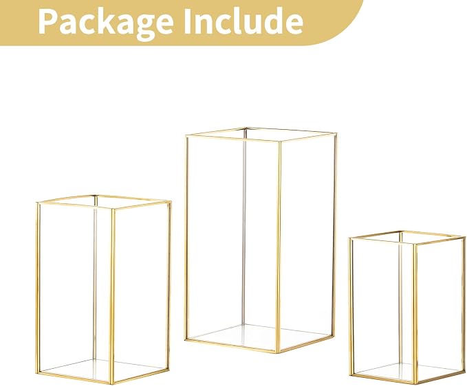 Nuptio Glass Hurricane Candle Holder Set of 3 Gold Pillar Candle Holders Large Rectangular Candleholder Table Centerpieces Decoration for Wedding Christmas Holiday Home Ornaments 9.5 & 8.1 & 6.5 inch | Large Rectangular Candleholder Table Centerpieces ...