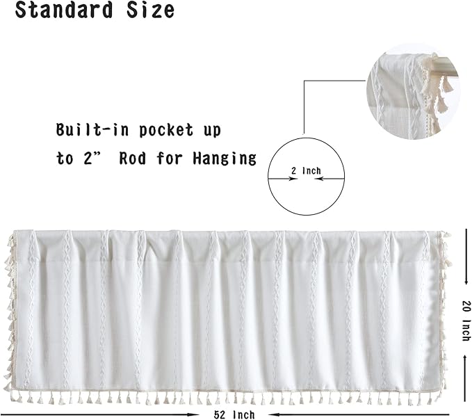 RoomTalks White Boho Kitchen Valances for Windows Rod Pocket 18’’L x 52’’W Embroidered French Striped Modern Farmhouse Chic Textured Tassel Curtain Valances for Bathroom Living Room Bohemian Decor