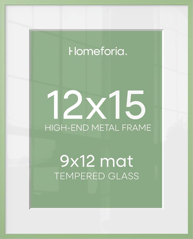 Homeforia 12x15 Sage Green Picture Frame, High End Metal 12x15 Poster Frames with Mat 9x12 Photo, 12 x 15 Sage Green Frames Matted to 9 by 12 Art, 15x12 Thin Frame, Tempered Glass, Wall Kit, Set of 1