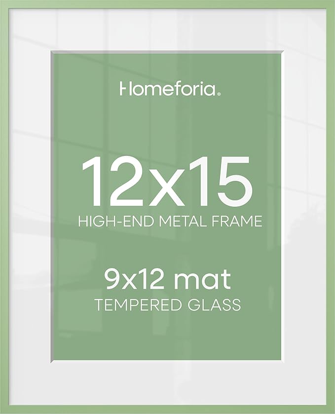 Homeforia 12x15 Sage Green Picture Frame, High End Metal 12x15 Poster Frames with Mat 9x12 Photo, 12 x 15 Sage Green Frames Matted to 9 by 12 Art, 15x12 Thin Frame, Tempered Glass, Wall Kit, Set of 2