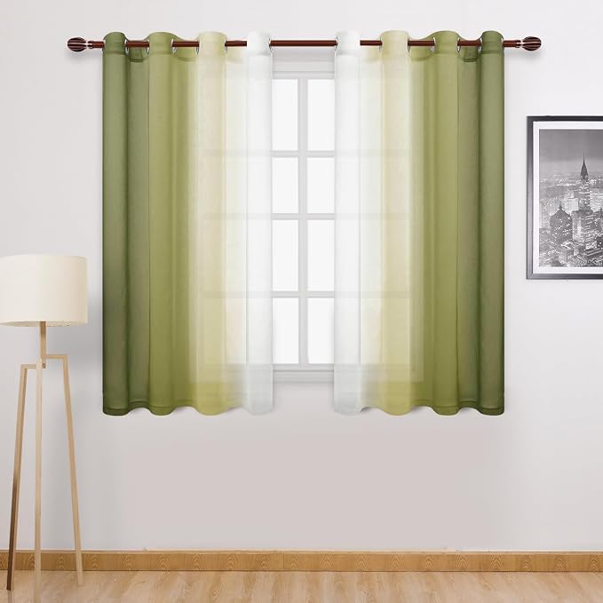 DWCN Ombre Short Sheer Curtains - Faux Linen Semi Voile Gradient Light-Filtering Bedroom and Living Room Curtains, Set of 2 Grommet Top Window Drape Panels, 52 x 45 Inch Length, Olive Green